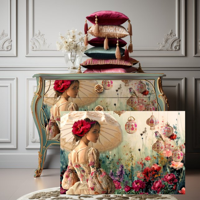 Papel De Seda Señora con Parasol, Ave, Floral y Faroles (French Chic, Lady with a Parasol, Bird, Floral Garden, and Lanterns, Horizontal Portrait Art)