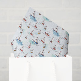 Papel De Seda Serene Blue Red Sailing Bots on Sea Pattern