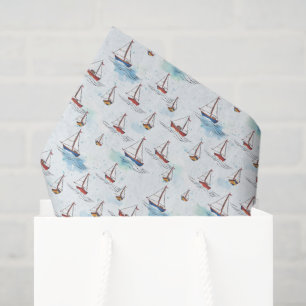 Papel De Seda Serene Blue Red Sailing Bots on Sea Pattern