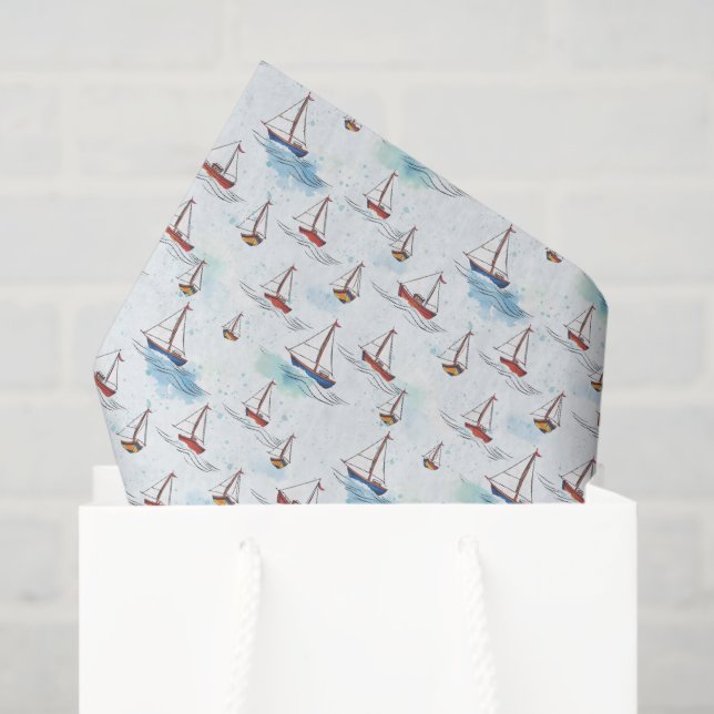 Papel De Seda Serene Blue Red Sailing Bots on Sea Pattern (Bolsa de regalo)