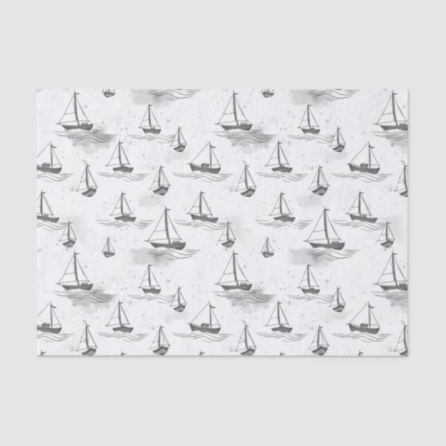 Papel De Seda Serene Gray White Sailing Bote en Patrón Marítimo (Anverso)