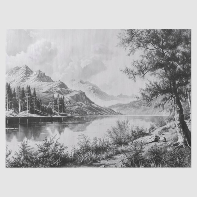 Papel De Seda Serene Mountain Lake Black & White Decoupage (Anverso)
