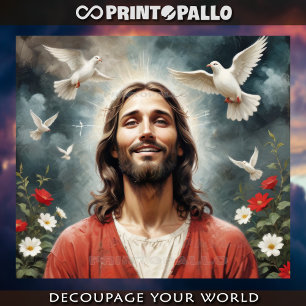 Papel De Seda Sereno Jesucristo con palomas sonríe a usted 