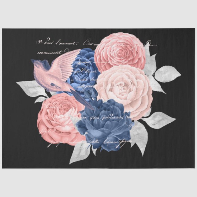 Papel De Seda Serie de efímera floral rosa y azul marino Diseño  (Anverso)