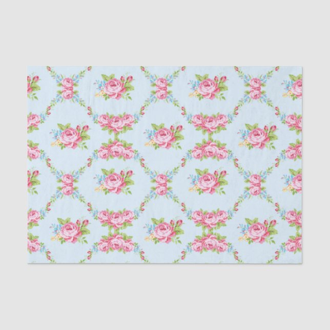 Papel De Seda Shabby chic, azul bebé, rosas rojas, victorianas,  (Anverso)
