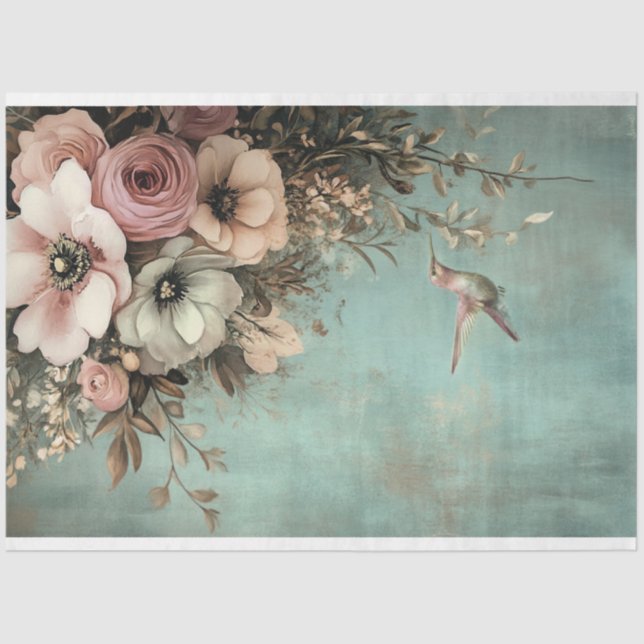 Papel De Seda Shabby Chic Hummingbird & Floral Bouquet (Anverso)