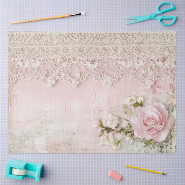 Papel De Seda Shabby Chic Pink Lace  (Artesanía)