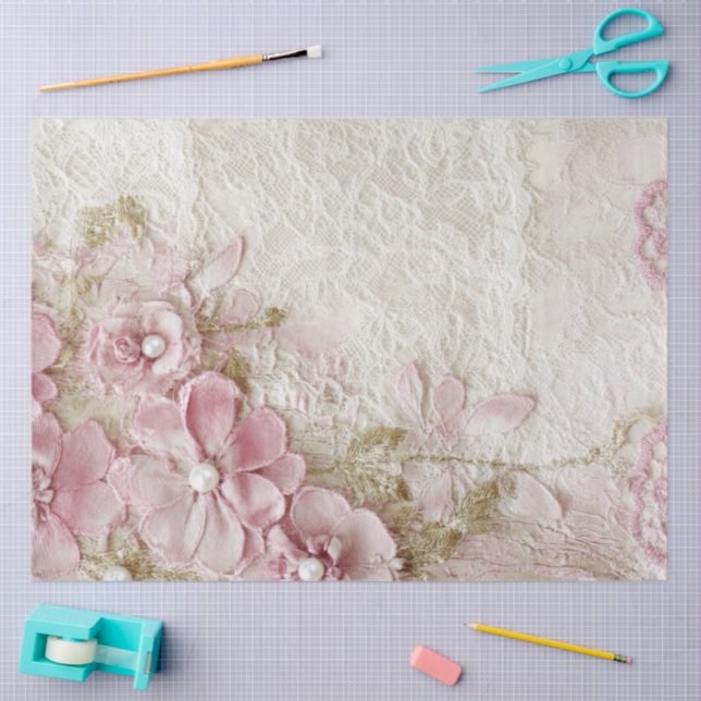 Papel De Seda Shabby Chic Rosa Encaje  (Artesanía)