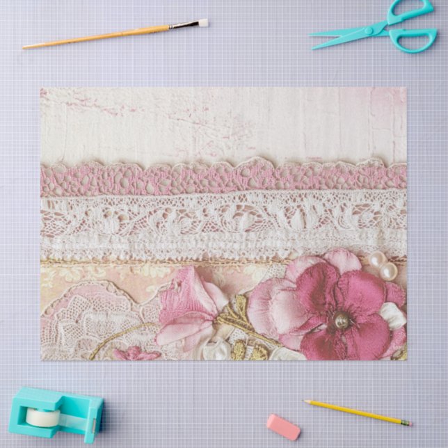 Papel De Seda Shabby Chic Rosa Encaje  (Artesanía)