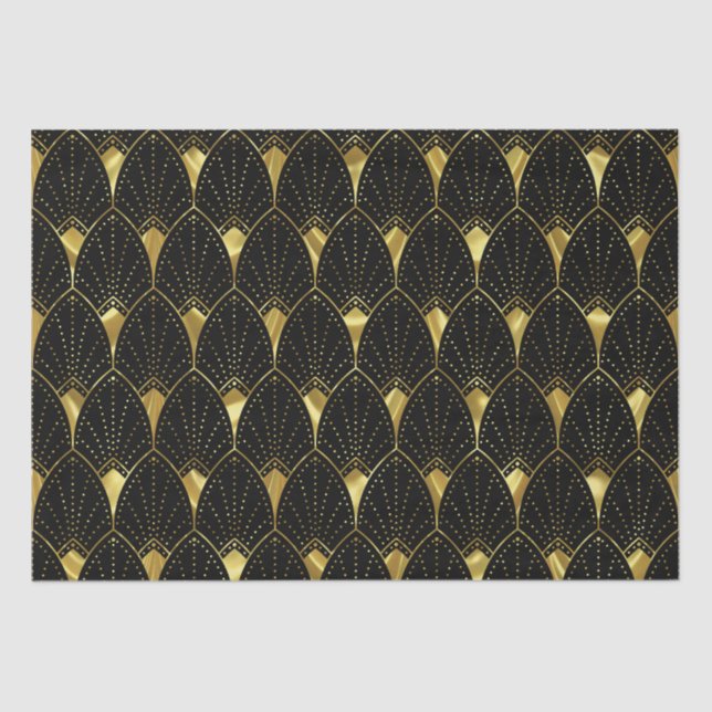 Papel De Seda Shiny Gold Art Deco Pattern On Black (Anverso)