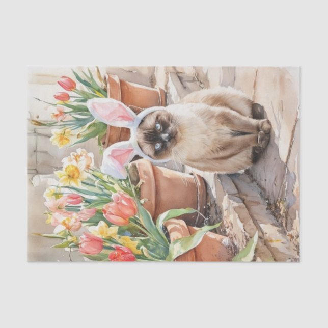 Papel De Seda Siamese Bunny Cute Easter Cat with Tulips  (Anverso)
