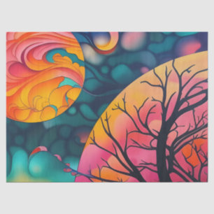 Papel De Seda Silueta de árbol de luna llena rosa y dorado