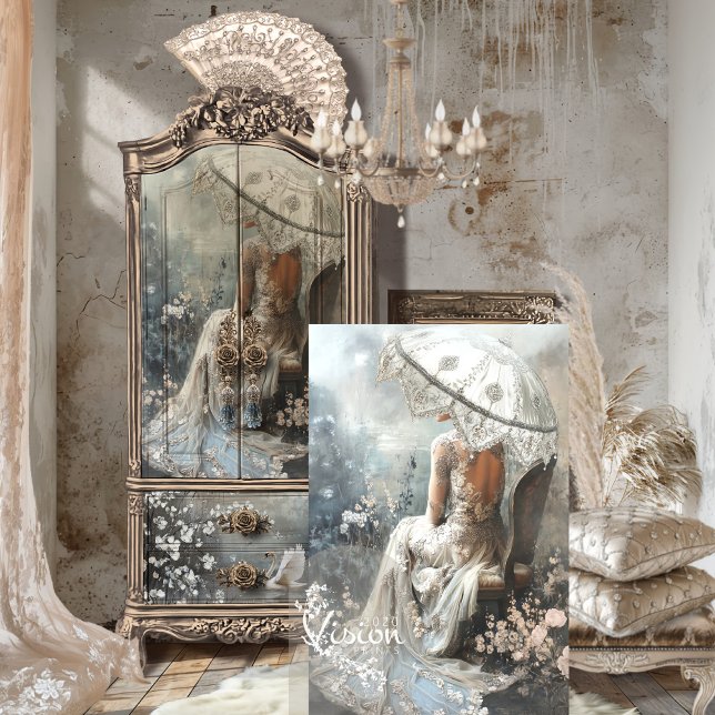 Papel De Seda Silver Lining Parisino Fantasy Retrato & Parasol (Silver Lining, Parisian Fantasy, Portrait Parasol, Silver Greys, White Floral Blossoms Decoupage)