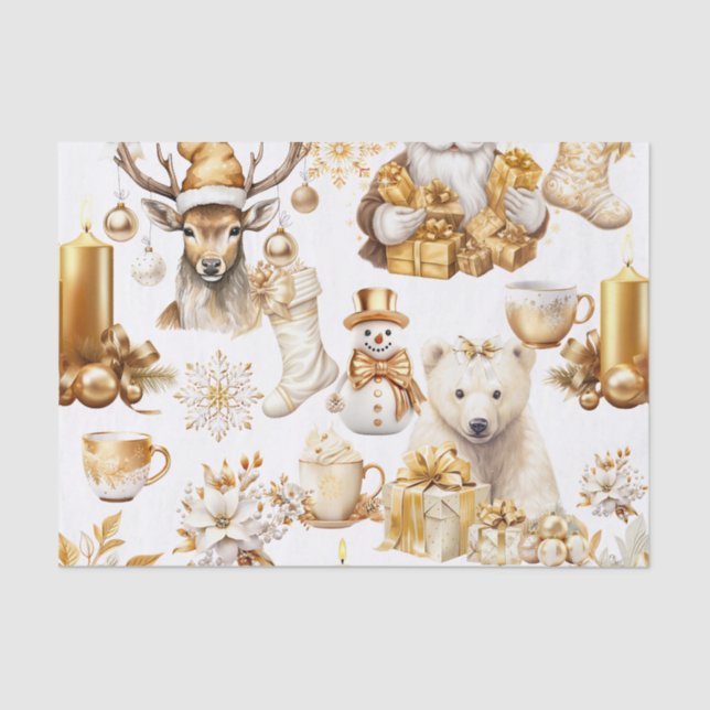 Papel De Seda Símbolos de Navidades blancos y dorados (Anverso)