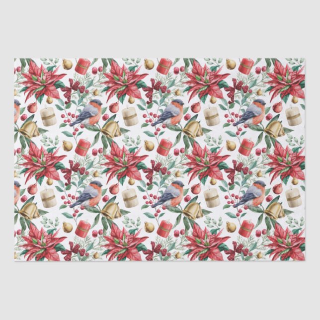 Papel De Seda Símbolos navidades con Poinsettia con Red Robin (Anverso)