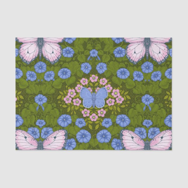 Papel De Seda Simetría de mariposas y flores, azul y rosa (Anverso)