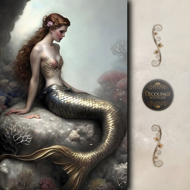 Papel De Seda Sirena de cola dorada Fantasía Decoupage (Golden Tailed Mermaid Fantasy Decoupage Tissue Paper)