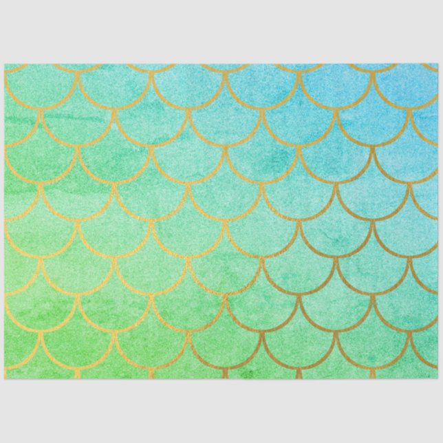 Papel De Seda Sirena de oro Escales Verde azulada Turquesa Purpu (Anverso)