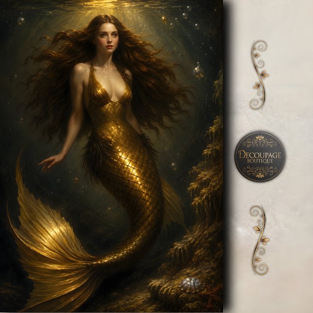 Papel De Seda Sirena de profundidades doradas decoupage (Golden Depths Mermaid Decoupage Tissue Paper)