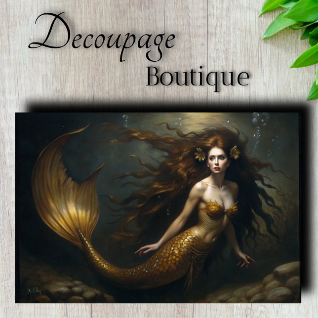 Papel De Seda Sirena Dorada Fantasía - Decoupage de tema Oceánic (Golden Mermaid Fantasy Decoupage Tissue Pager)