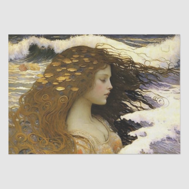 Papel De Seda Sirena durmiendo soñando con conchas de oro en el  (Anverso)