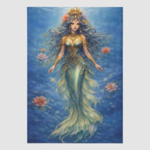 Papel De Seda Sirena Floral Azul de Mar Cuerpo Completo