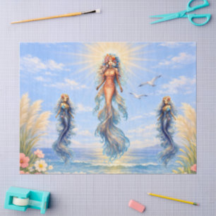 Papel De Seda Sirenas Acuarela Escena de Playa en Decoupage