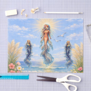Papel De Seda Sirenas de Acuarela Escena de Playa en el Océano D