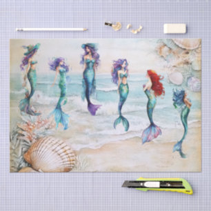 Papel De Seda Sirenas de Acuarela para Decoupage de Conchas de O