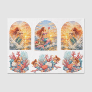 Papel De Seda Sirenas de puesta de sol de acuarela de fantasía D