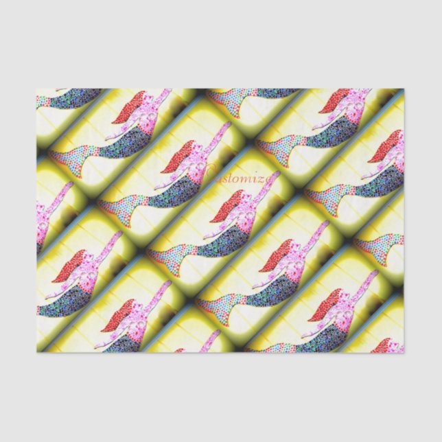 Papel De Seda sirenas rosadas del mosaico que nadan amarillo (Anverso)