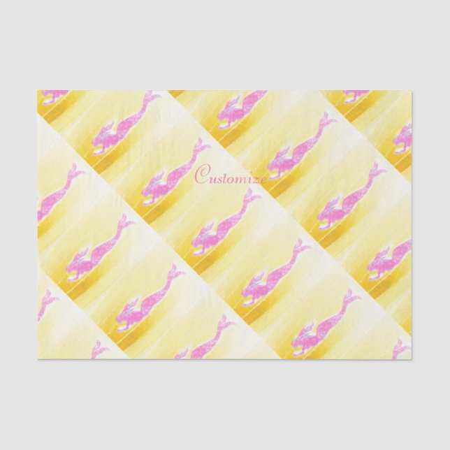 Papel De Seda sirenas rosadas que nadan amarillo (Anverso)