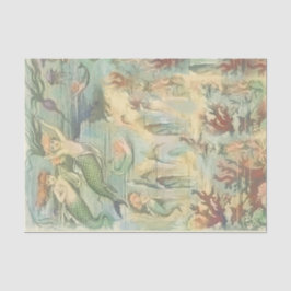 Papel De Seda Sirenas vintage con coral y medusas náuticas