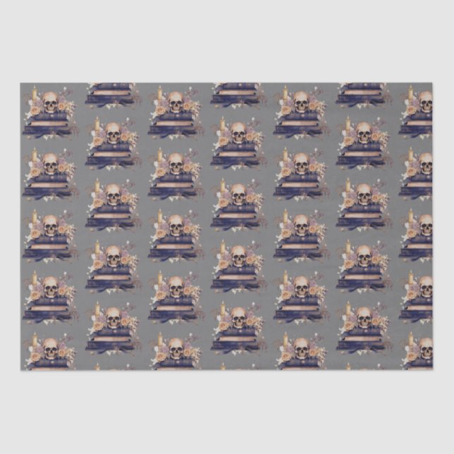 Papel De Seda Skull Books Gray Gold Rosas Patrón Halloween (Anverso)