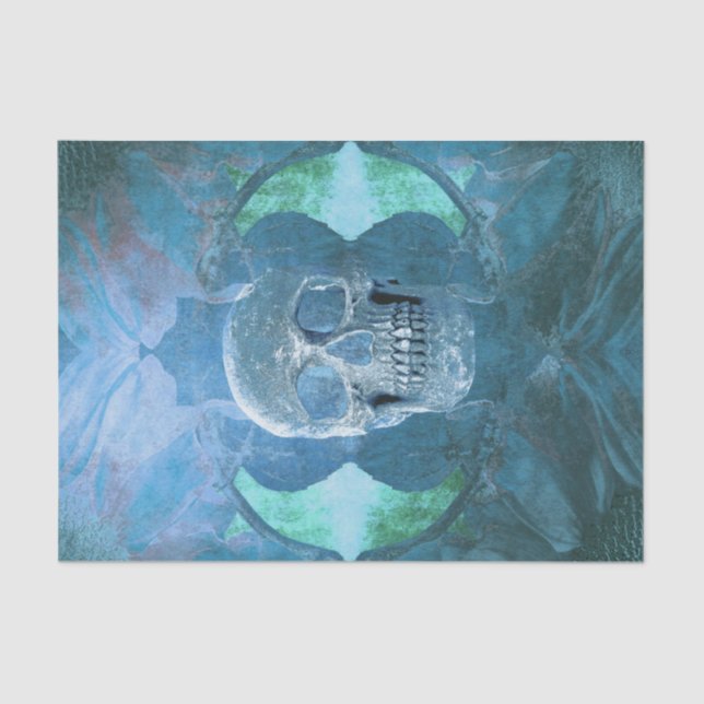 Papel De Seda Skull Floral gótica Verde azulada Azul Grunge Text (Anverso)