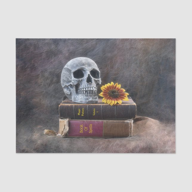 Papel De Seda Skull Gothage Viejos Libros Amarillo Girasol (Anverso)