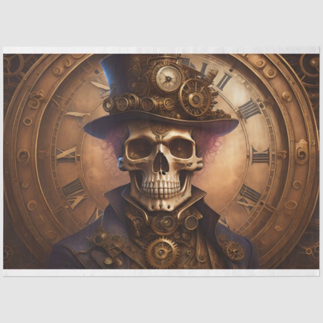 Papel De Seda Skull Steampunk with clock tissue paper v3 (Anverso)