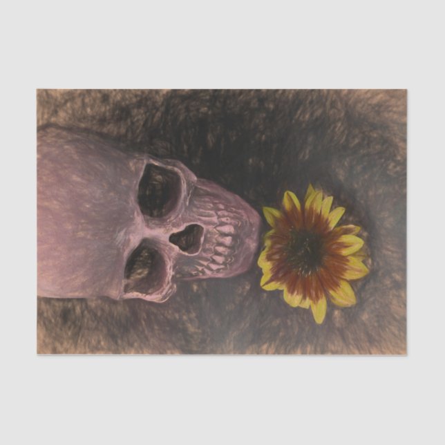 Papel De Seda Skull Yellow Sunflower Gothage Sepia Sketch (Anverso)