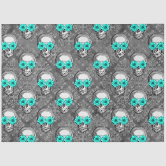 Papel De Seda Skulls turquesa y diseño de la serie de girasoles  (Anverso)