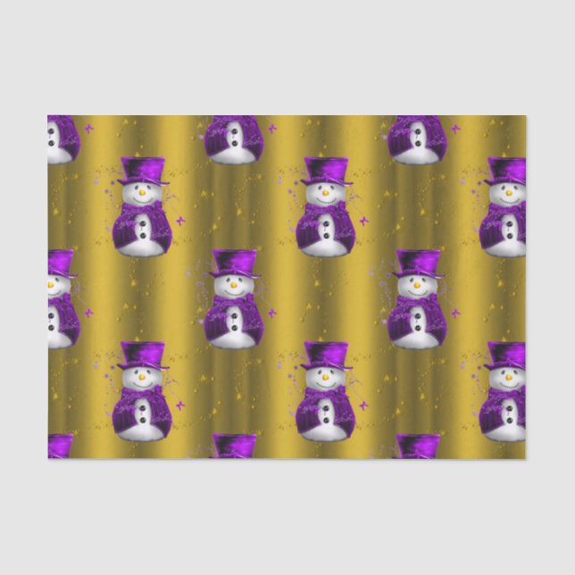 Papel De Seda Snowman púrpura sobre Navidades de oro (Anverso)