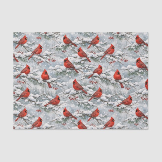Papel De Seda Snowy Winter Red Cardinal Bird Pattern (Anverso)