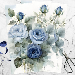 Papel De Seda Sofisticados Rosas de acuarela artística azul