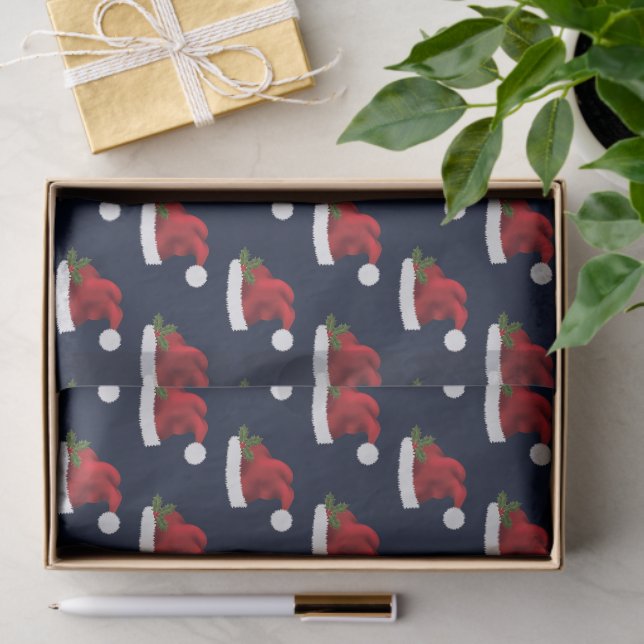 Papel De Seda Sombrero Santa Festivo Rojo En Patrón Azul (Regalo )