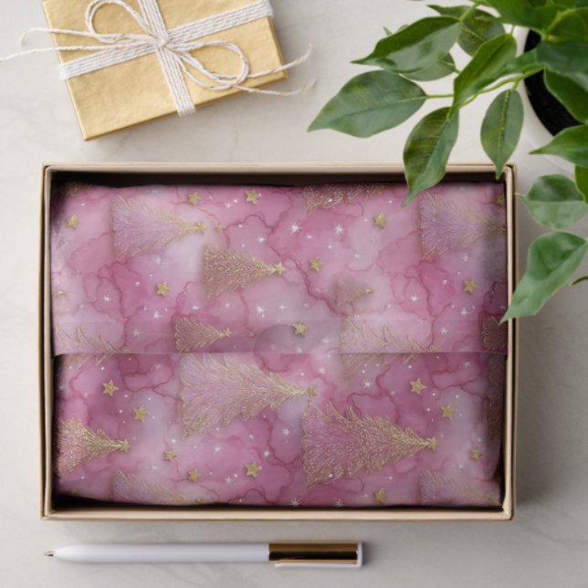 Papel De Seda Sparkly Gold Holiday Tree on Pink (Regalo )