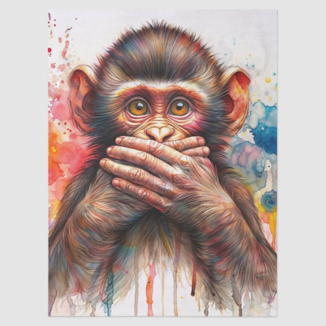 Papel De Seda Speak No Evil Monkey Watercolor Art (Anverso)