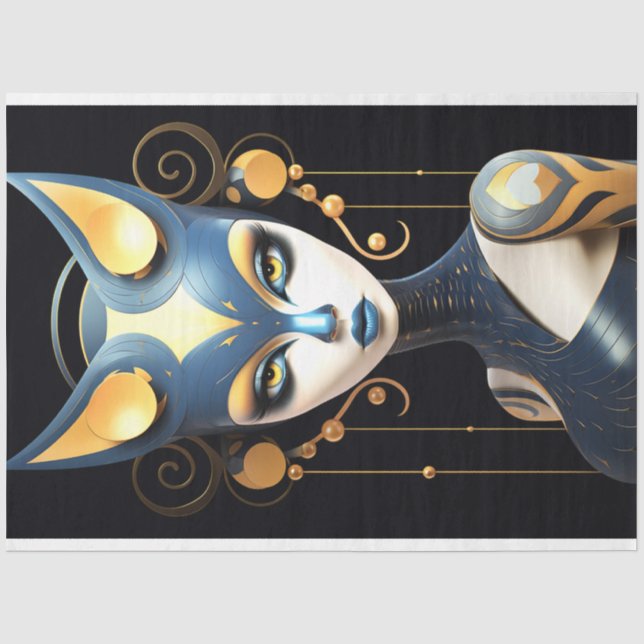 Papel De Seda Sphinx Cat Black Gold Blue Art Decoupage (Anverso)