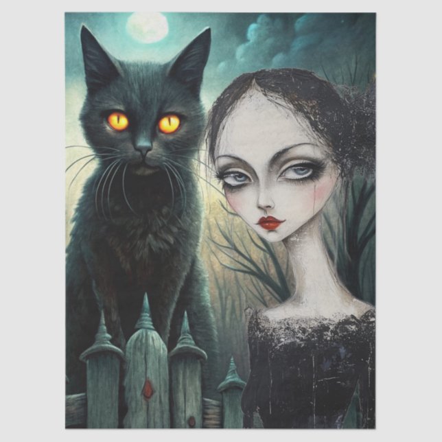 Papel De Seda Spooky Moonlit Black Cat Halloween Decoupage (Anverso)