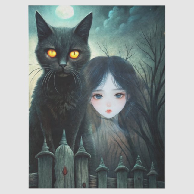 Papel De Seda Spooky Moonlit Black Cat Halloween Decoupage (Anverso)