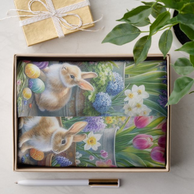 Papel De Seda Springtime Tulips Daffodils Bunnies  (Regalo )