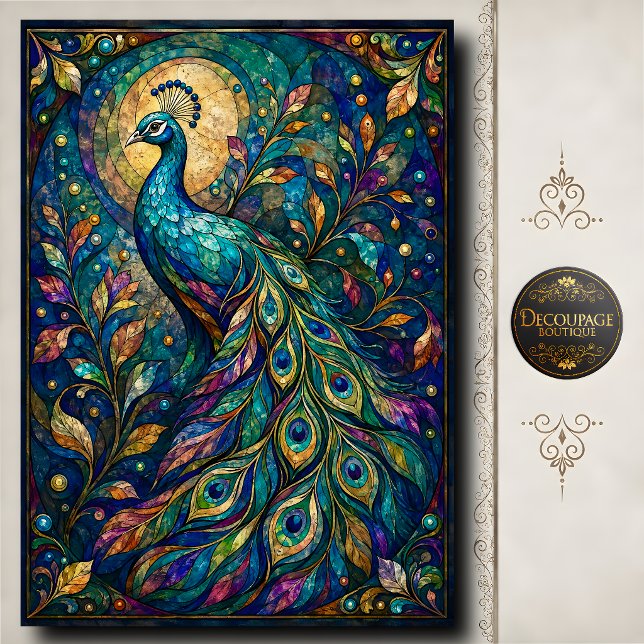 Papel De Seda Stained Glass Peacock Decoupage (Stained Glass Peacock Decoupage Tissue Paper)